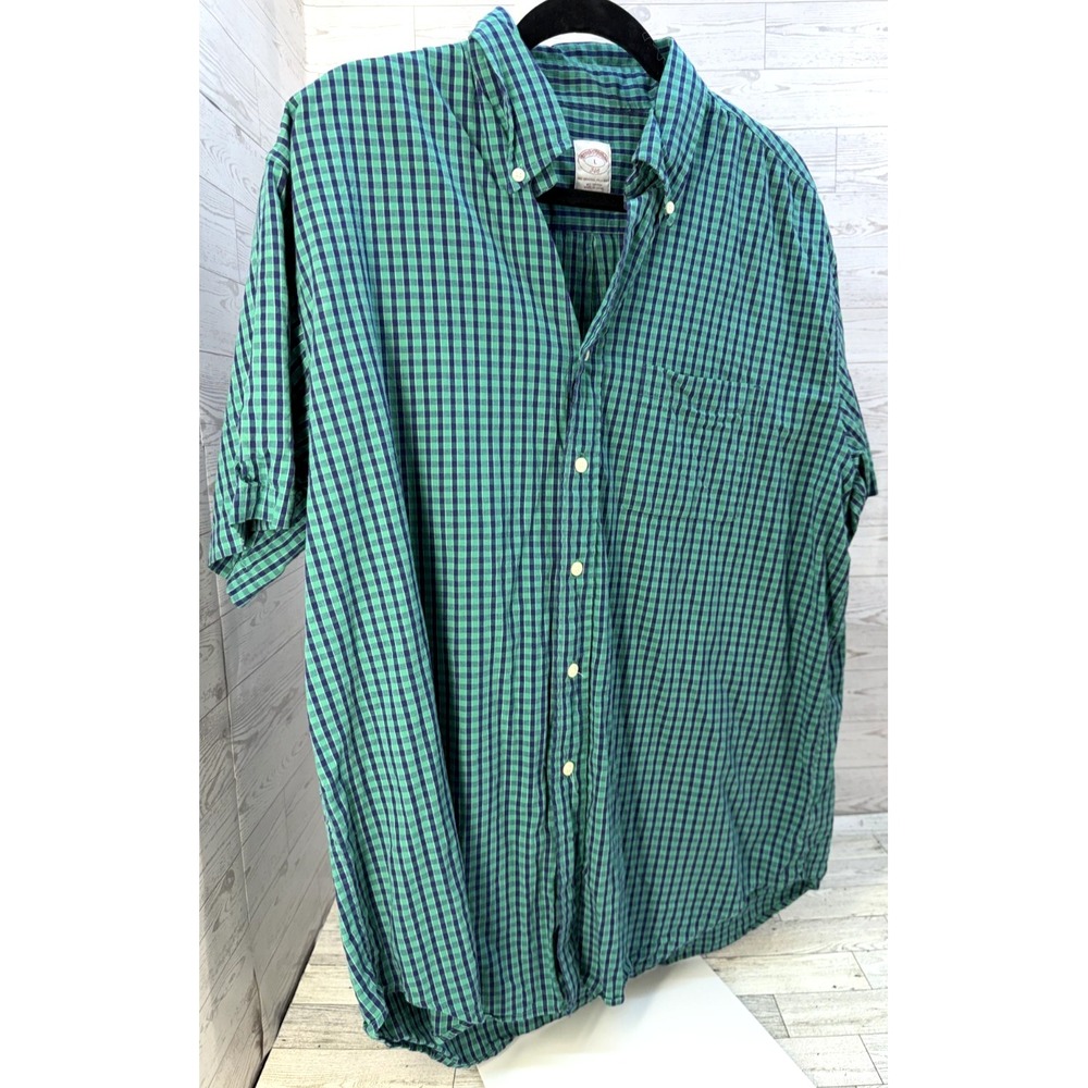 Brooks Brothers 346 Shirt Mens Large Green Blue Button Up Gingham Plaid Cotton - Picture 2 of 7
